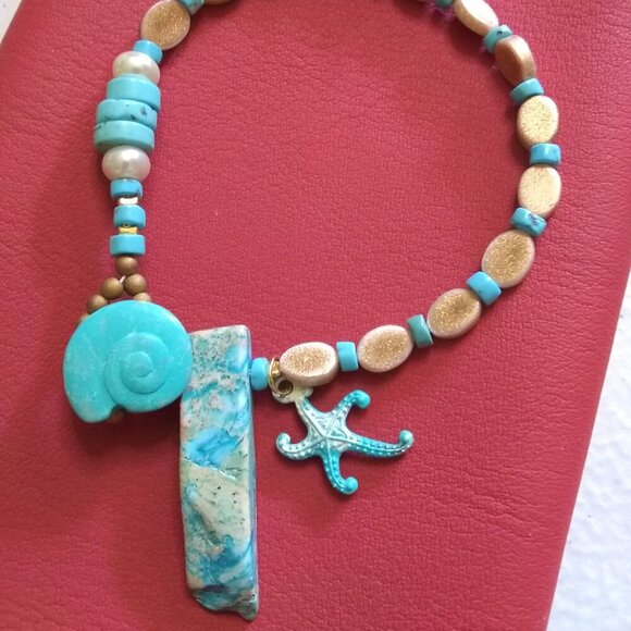 Coastal Cowgirl! Sea Sediment Jasper + Starfish + Shell Beaded Loop Bracelet - Picture 8 of 11